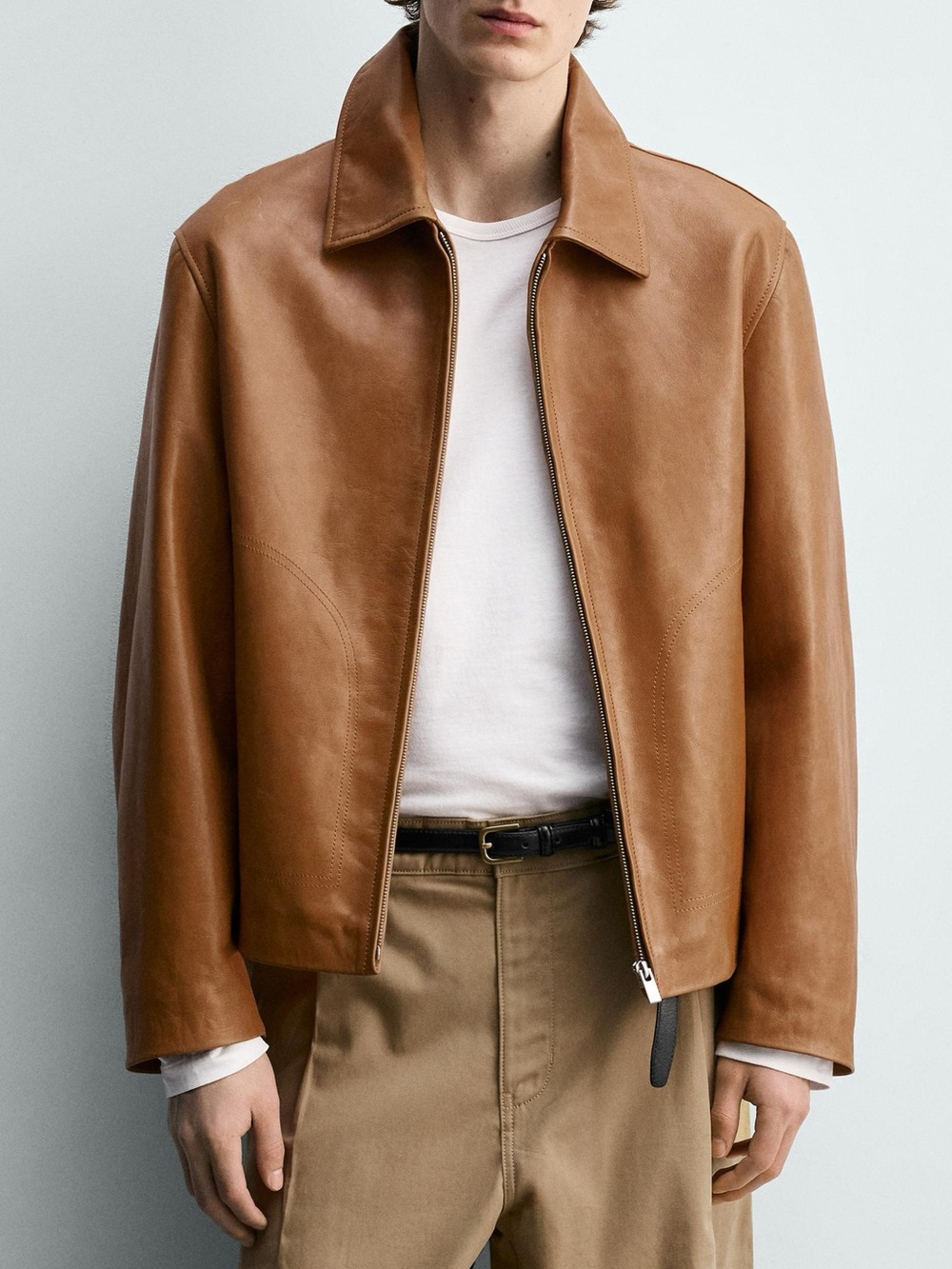 Zara Men's Tan Leather Zip-Up Jacket